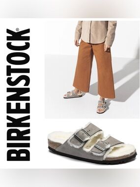 NWT Birkenstock Arizona Shearling Suede Leather Slide in Stone Coin